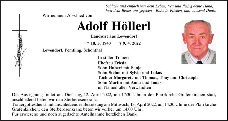 Traueranzeige Adolf Höllerl