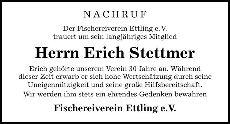 Traueranzeige Erich Stettmer