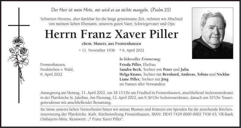 Traueranzeige Franz Xaver Piller