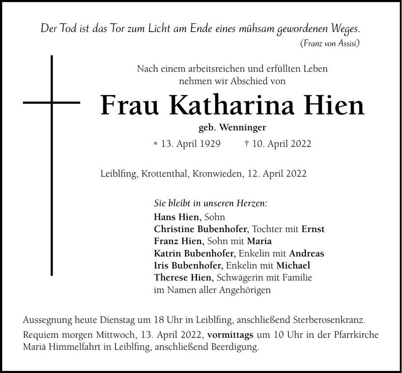 Traueranzeige Katharina Hien