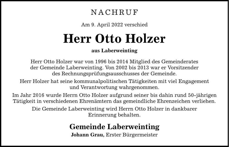 Traueranzeige Otto Holzer