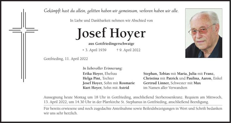 Traueranzeige Josef Hoyer
