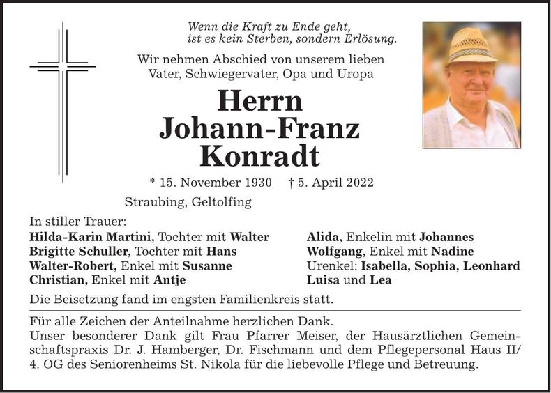 Traueranzeige Johann-Franz Konradt