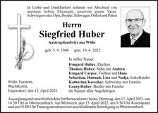Traueranzeige Siegfried Huber