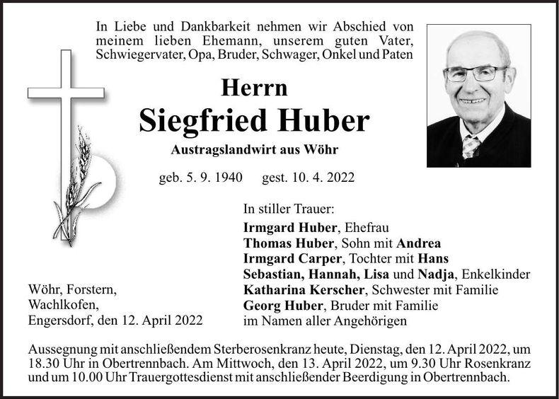 Traueranzeige Siegfried Huber