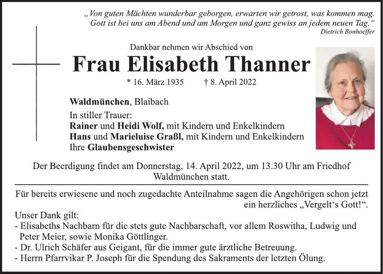 Traueranzeige Elisabeth Thanner