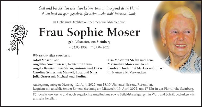 Traueranzeige Sophie Moser