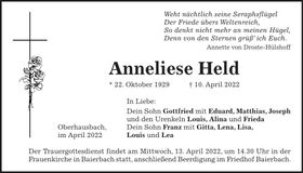 Traueranzeige Anneliese Held
