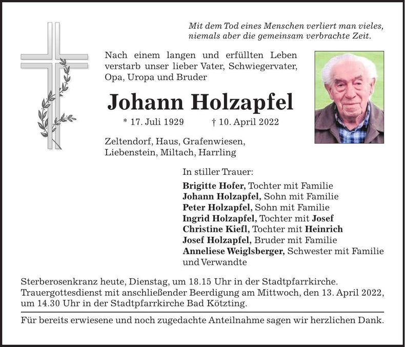 Traueranzeige Johann Holzapfel