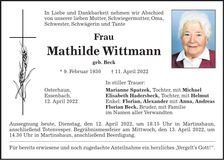 Traueranzeige Mathilde Wittmann