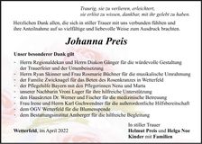 Traueranzeige Johanna Preis