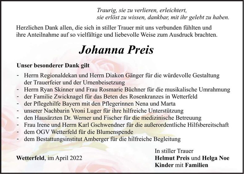 Traueranzeige Johanna Preis
