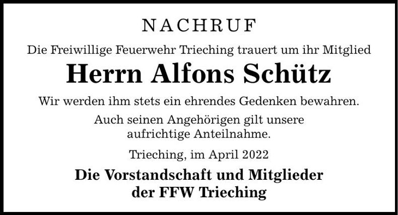 Traueranzeige Alfons Schütz