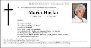 Traueranzeige Maria Huska