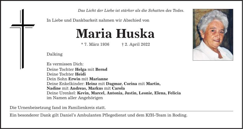 Traueranzeige Maria Huska