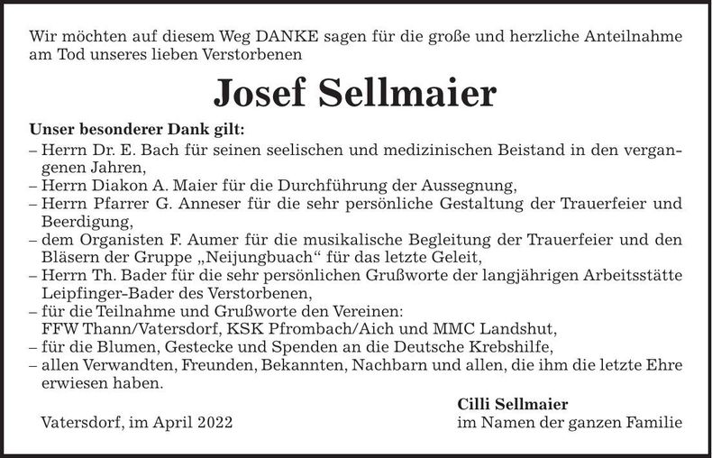 Traueranzeige Josef Sellmaier