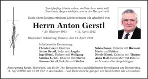 Traueranzeige Anton Gerstl