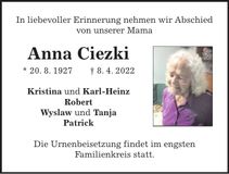 Traueranzeige Anna Ciezki