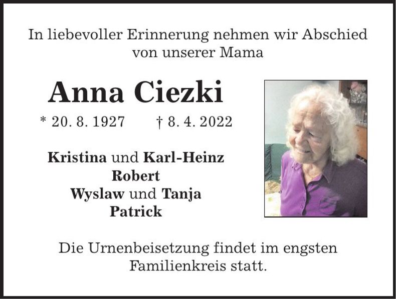 Traueranzeige Anna Ciezki