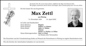 Traueranzeige Max Zettl
