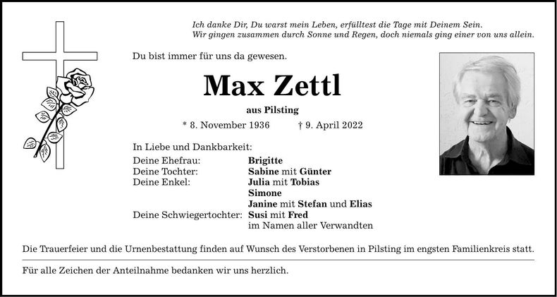 Traueranzeige Max Zettl