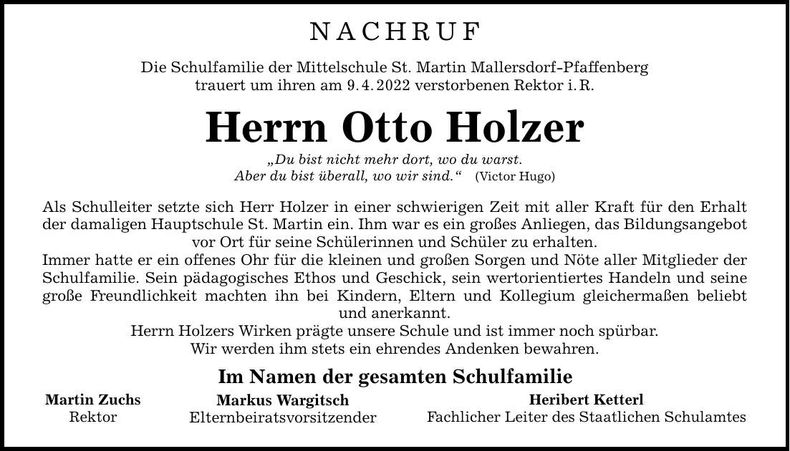 Traueranzeige Otto Holzer