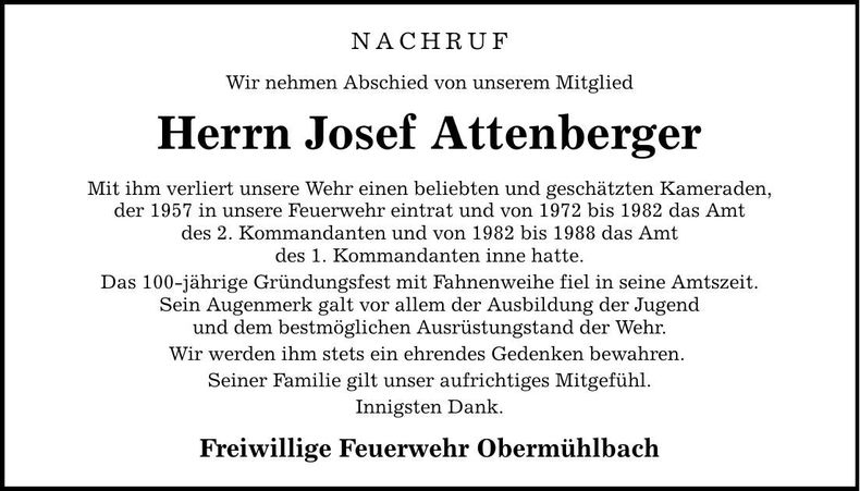 Traueranzeige Josef Attenberger