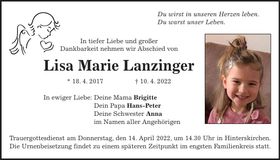 Traueranzeige Lisa Marie Lanzinger