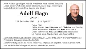 Traueranzeige Adolf Hagn