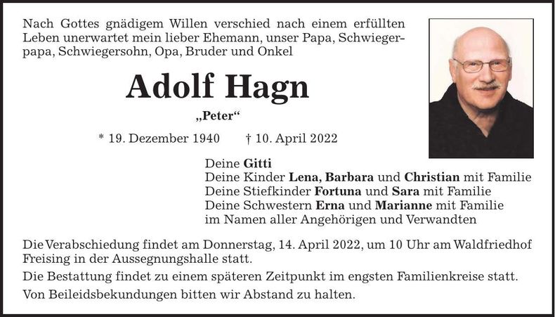 Traueranzeige Adolf Hagn