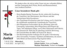 Traueranzeige Maria Janker