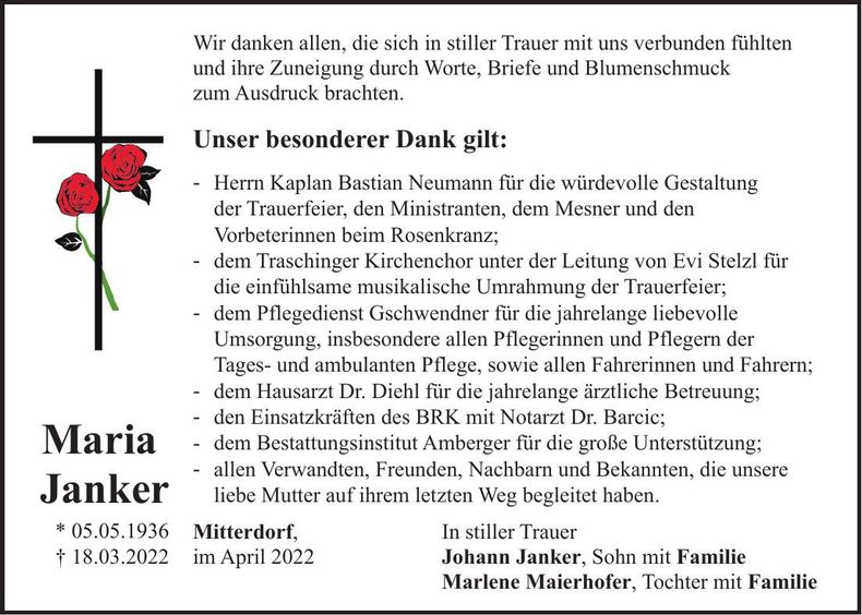 Traueranzeige Maria Janker