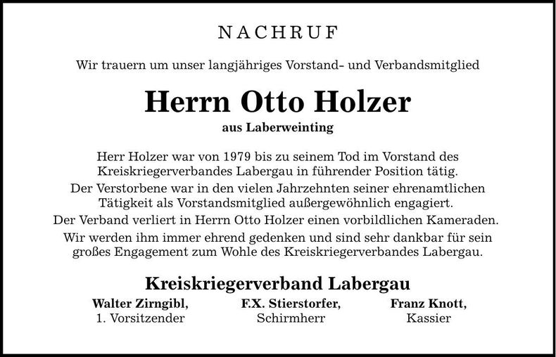 Traueranzeige Otto Holzer