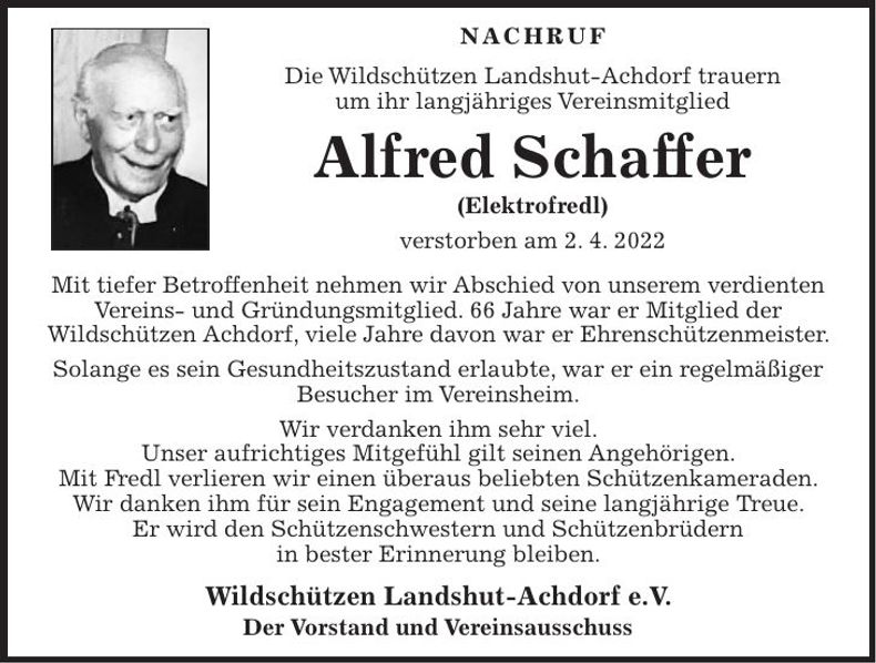 Traueranzeige Alfred Schaffer