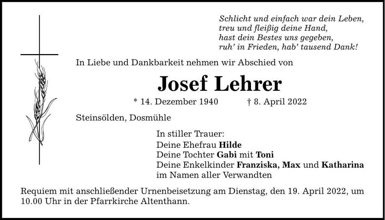 Traueranzeige Josef Lehrer