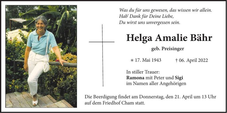Traueranzeige Helga Bähr