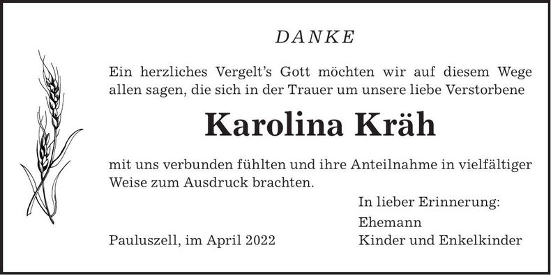 Traueranzeige Karolina Kräh