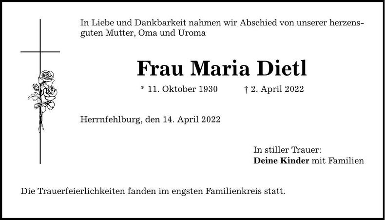 Traueranzeige Maria Dietl