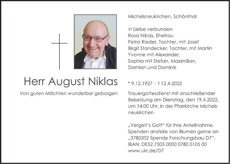 Traueranzeige August Niklas