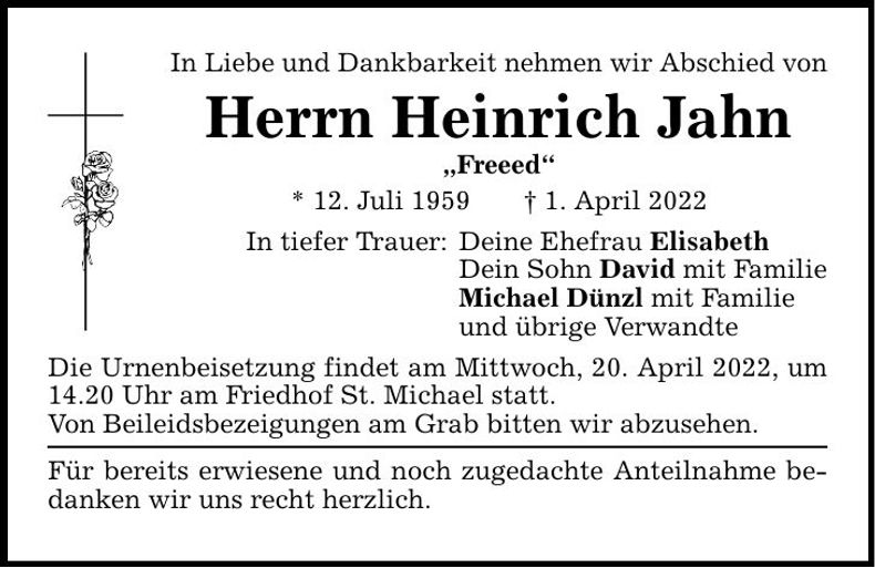 Traueranzeige Heinrich Jahn
