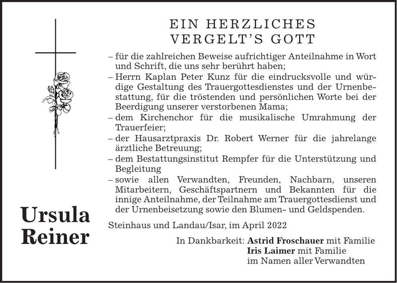 Traueranzeige Ursula Reiner