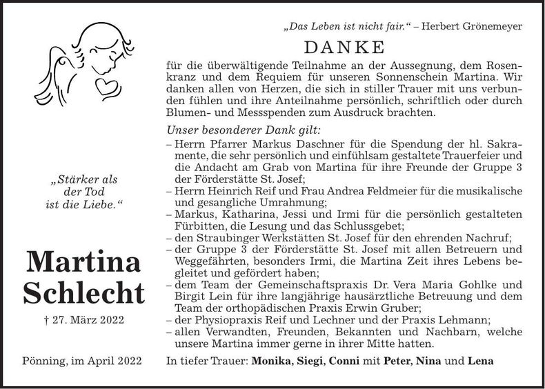 Traueranzeige Martina Schlecht