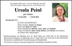 Traueranzeige Ursula Peinl