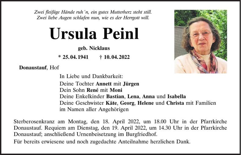 Traueranzeige Ursula Peinl