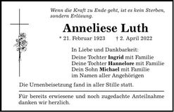 Traueranzeige Anneliese Luth