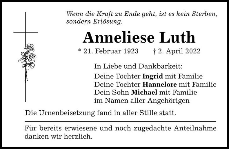Traueranzeige Anneliese Luth