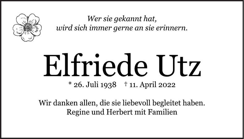 Traueranzeige Elfriede Utz