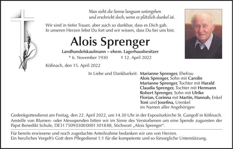 Traueranzeige Alois Sprenger