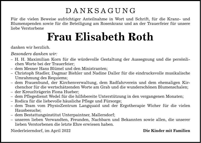 Traueranzeige Elisabeth Roth