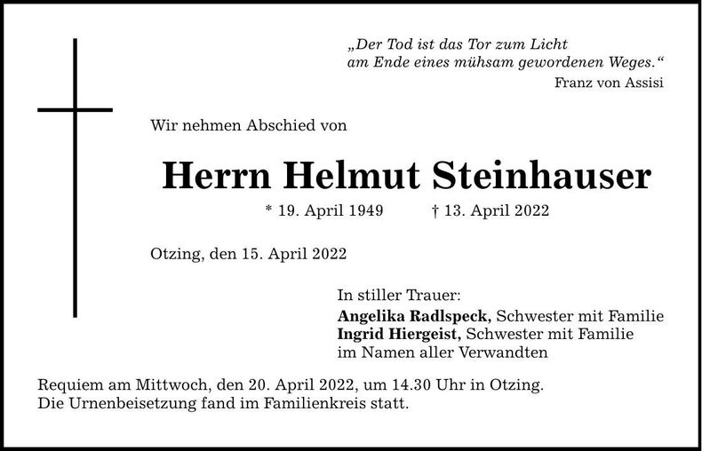 Traueranzeige Helmut Steinhauser